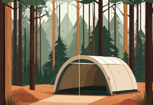 Illustration of a beige camping tent set up in the forest