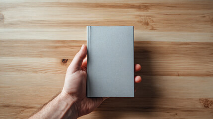 Fototapeta premium Close-up of a Hand Holding a Small Unbranded Notebook on a Minimalist Studio Desk - Writing or Journaling Scene