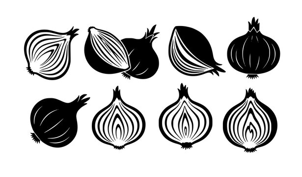 Stylized black onion silhouettes with halved and whole vegetables modern vector for culinary design