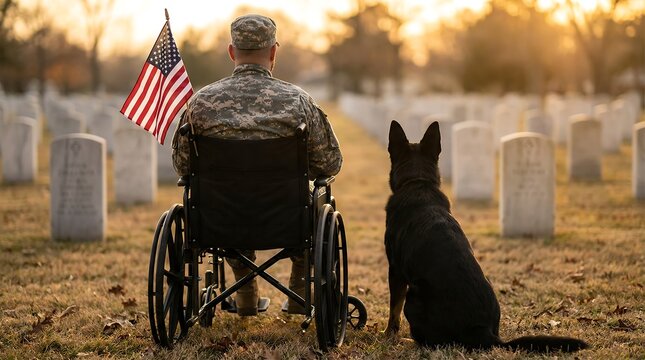 Veteran in wheelchair with american flag and dog at cemetery during sunset honoring fallen heroes and remembrance day patriotism symbols and military service.
