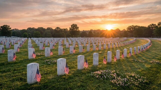 Row of american flags in front of military gravestones at sunrise, somber memorial cemetery scene, remembrance and honor.