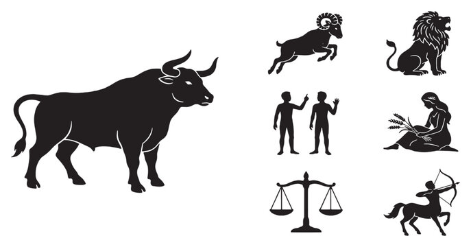 Collection of Zodiac Constellation Silhouettes Including Taurus, Aries, Leo, Gemini, Libra, Sagittarius, and Virgo.