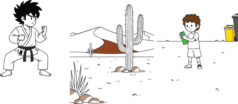 Karate boy practicing martial arts and child using mobile phone in desert landscape cartoon vector illustration