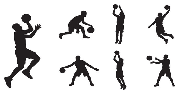 Collection of basketball player silhouettes in various action poses on a white background.