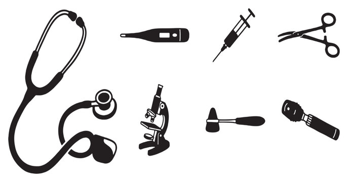 Collection of medical instruments and equipment, including a stethoscope, thermometer, syringe, microscope, and surgical tools.