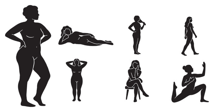 Collection of diverse female body silhouettes in various poses, representing different body types and movements.