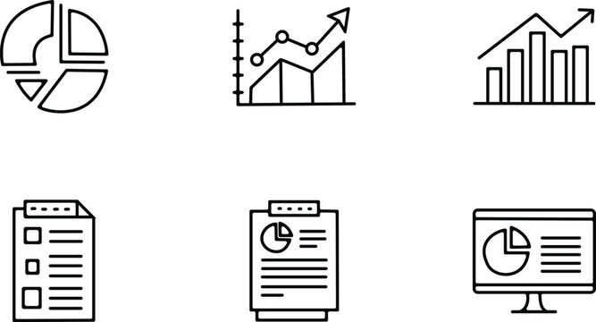 Financial data analysis icons pie charts graphs and reports in line art style