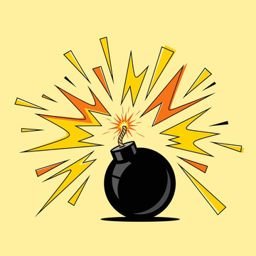 Exploding Bomb with Bright Yellow and Orange Rays on Light Yellow Background