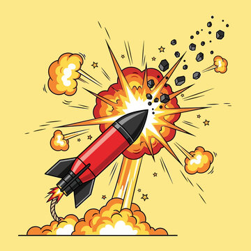 Exploding Rocket Launch Mishap: Fireball, Debris, and Smoke Clouds on Yellow Background