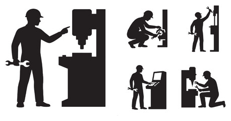 Fototapeta premium Set of black silhouettes of workers operating industrial machinery and equipment.