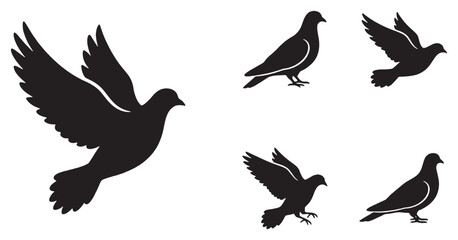 Fototapeta premium Collection of black silhouette doves in various flying and standing poses on a white background.