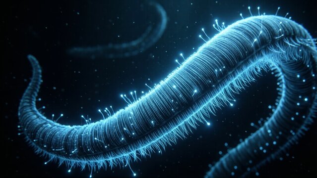 Bioluminescent deep-sea worm with glowing bristles and particles
