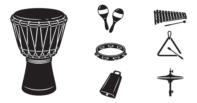 Collection of various musical percussion instruments in a simple black and white illustration.