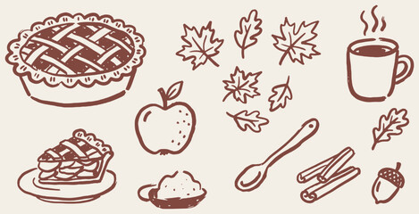 Hand-drawn illustration of autumn elements including apple pie, a slice of pie, hot beverage, cinnamon sticks, acorn, and fall leaves. © Riki