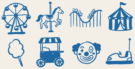 Collection of hand-drawn amusement park icons including a Ferris wheel, carousel horse, roller coaster, circus tent, cotton candy, food cart, clown face, and bumper car. © Riki