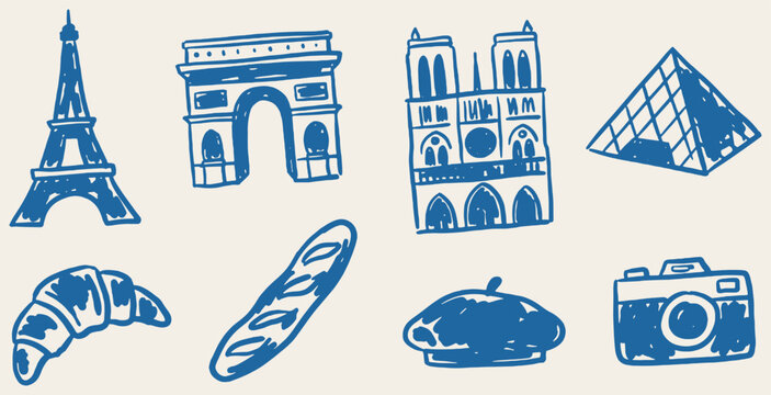 Collection of hand-drawn iconic Parisian landmarks and symbols in blue ink.