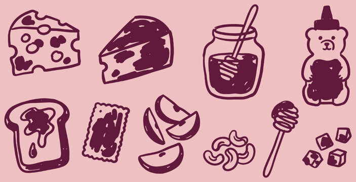 A delightful collection of hand-drawn food items including cheese, honey, toast, crackers, apples, nuts, and sugar cubes.