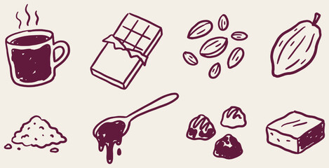 Hand-drawn collection of chocolate-related items including a mug of hot chocolate, chocolate bar, cocoa beans, almonds, and candies. © Riki