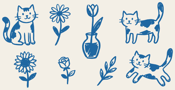 Cute hand-drawn doodle set of cats and flowers in blue ink on a cream background.