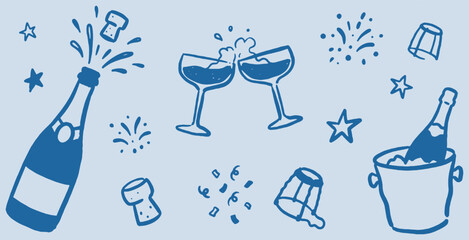 Celebratory blue line art illustration of champagne bottle popping, clinking glasses, and fireworks for a festive occasion. © Riki