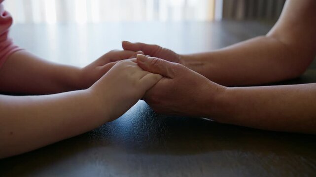 Granddaughter gently holding her Grandmother hands across a table, expressing love, care, family support, and intergenerational connection. Close up view