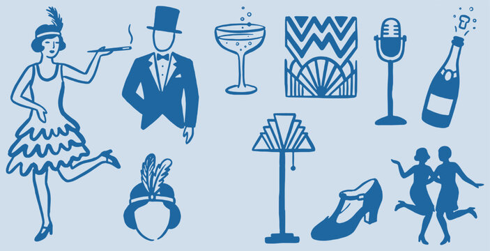 Art Deco style illustrations of people, champagne, and decorative elements.