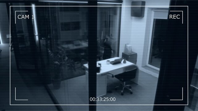 Wide high-angle CCTV shot with time counter of empty company executive office with lights on and laptop on desk, during late night work, career, deadline, ambition, rat race concepts