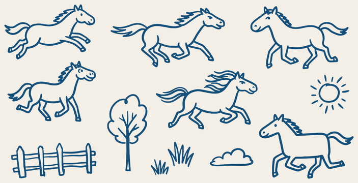Set of hand-drawn illustrations of horses in various running poses with simple farm elements.