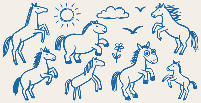 Collection of charming hand-drawn horses in various playful poses, set against a light background with simple illustrations of the sun, clouds, and a flower.