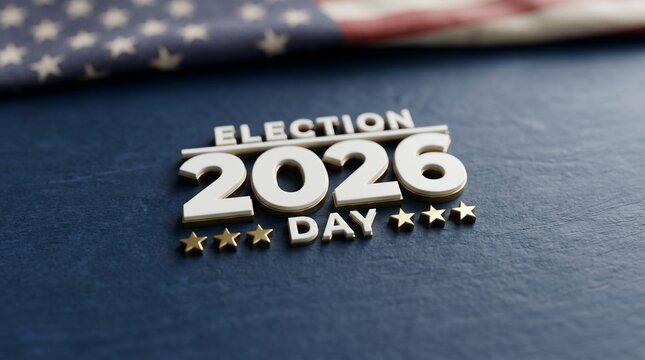 Election Day 2026 with American flag and stars on dark blue background