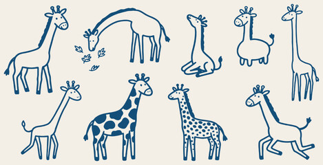 A collection of charming hand-drawn giraffes in various poses, illustrating different aspects of their nature and behavior. © Riki