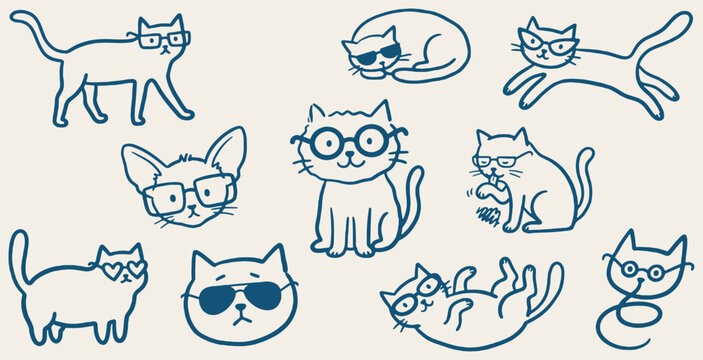 Collection of cute cartoon cats wearing glasses in various poses and expressions.