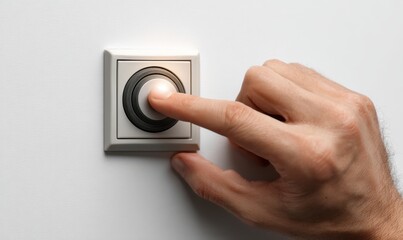 Naklejka premium Hand Adjusting Rotary Dial On White Wall With Soft Lighting And Textured Surface
