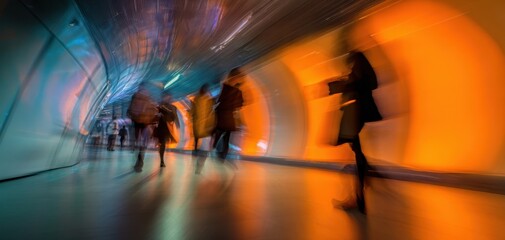 Fototapeta premium The Tunnel Walkway Filled with Blurred Commuters and Vibrant Orange Blue Lighting