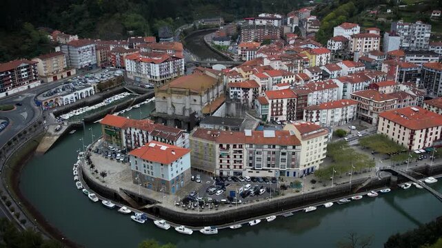 Aerial footage of Ondarroa village in the Basque Country. High quality 4k drone footage