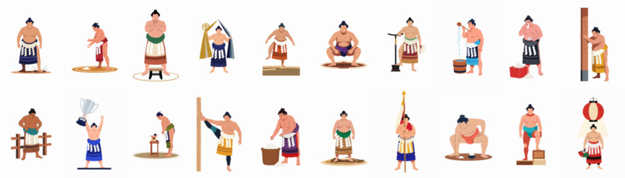 Flat vector illustration collection of Japanese sumo wrestlers in various traditional poses, ceremonial rituals, and athletic training activities.