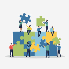 Fototapeta premium Teamwork assembling large puzzle, collaboration, business strategy, problem solving, success, connection
