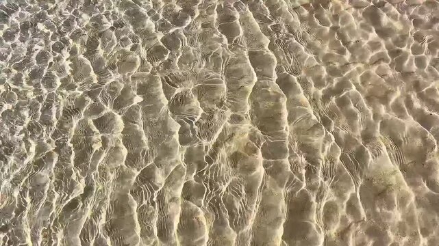 Clear shallow beach water with sunlight reflections and gentle ripple patterns over sandy seabed, transparent tropical sea texture with calm summer coastal background.