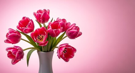 Fototapeta premium Vibrant Pink Tulips in Gray Vase.