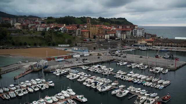 Getaria's village port in tha Basque Country. High quality 4k drone footage