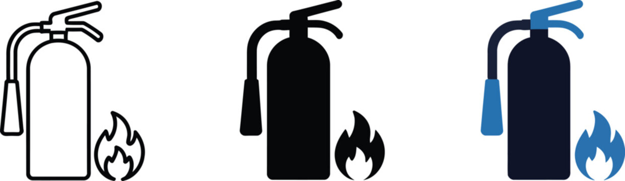 Fire safety extinguisher icons with flame symbol for emergency response training and signage design