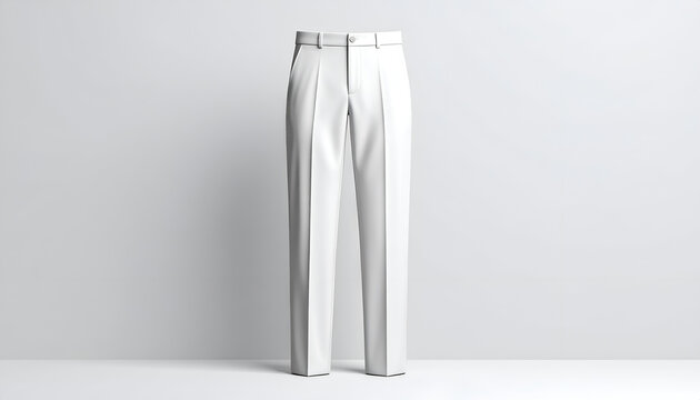 A front-facing studio shot of crisp, white trousers with sharp pleats, on a plain background