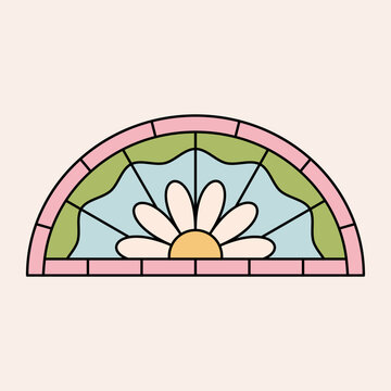 Colouful stained glass fanlight window with geometric groovy flower ornament. Abstract half circle border with daisy engraving. Outline frame with minimalist botanical design. Vector graphic
