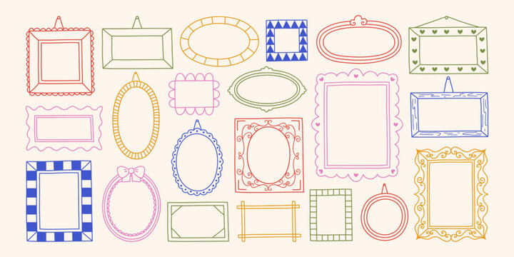 Set of colorful doodle dopamine frames with decorative swirls, waves, scalloped edges and ornate details. Empty pictures gallery line illustration. Hand-drawn vintage borders. Vector graphic