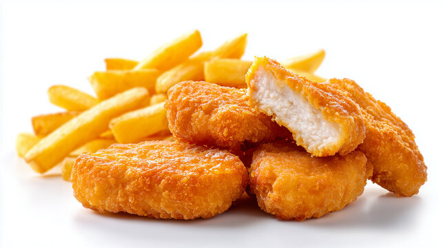 白背景に置かれたサクサクの衣とジューシーな断面が美味しそうなチキンナゲットとフライドポテト