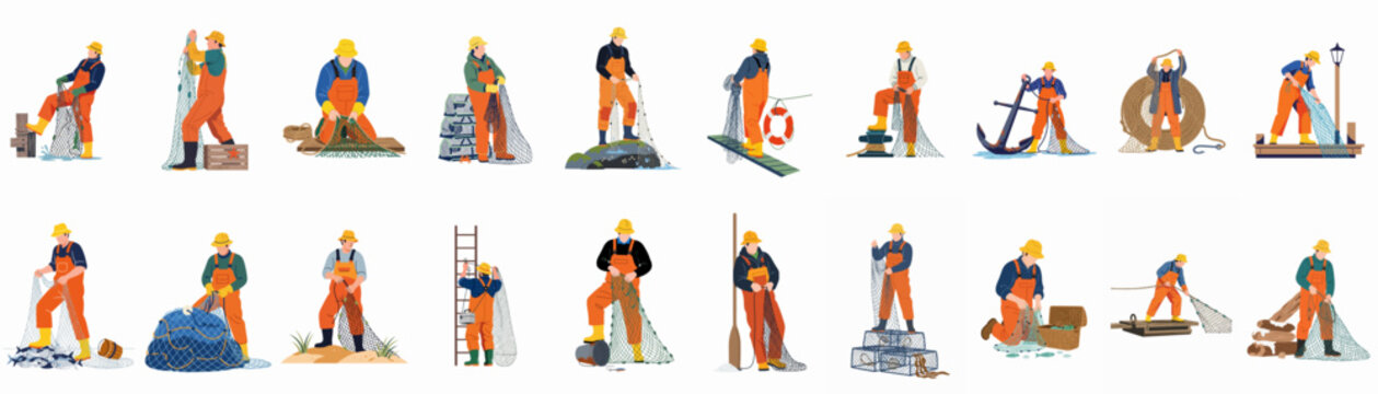 Comprehensive collection of professional fisherman characters in orange overalls performing various maritime activities like netting, hauling, and sorting fish.