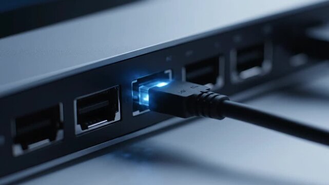 Close-up of a USB-C cable plugged into a modern docking station with blue light