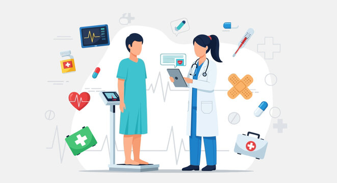 Doctor consulting patient on medical examination, health checkup, weight scale, EKG
