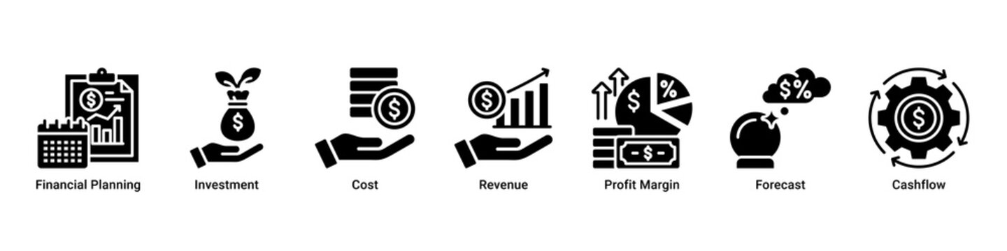 Finance Strategy web banner icon vector illustration with icons of Financial Planning,Investment,Cost,Revenue,Profit Margin,Forecast and Cashflow