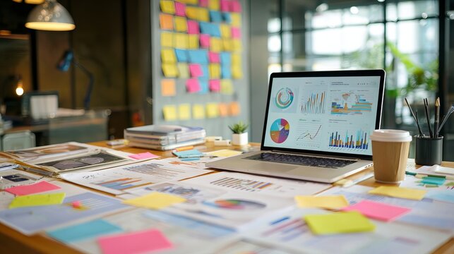 Startup business planning workspace with sticky notes, laptop marketing analytics dashboard, coffee mug and notebook, modern creative office interior, no people